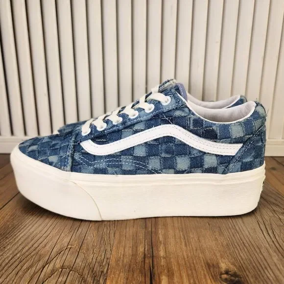 Vans Woven Old Skool Stackform Womens Sz 7.5 Blue Denim Platform Sneakers Shoes - Picture 3 of 9
